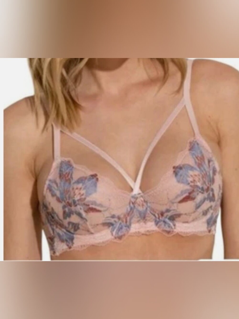Cosabella Pink Lace Bralette with Blue Floral Embroidery